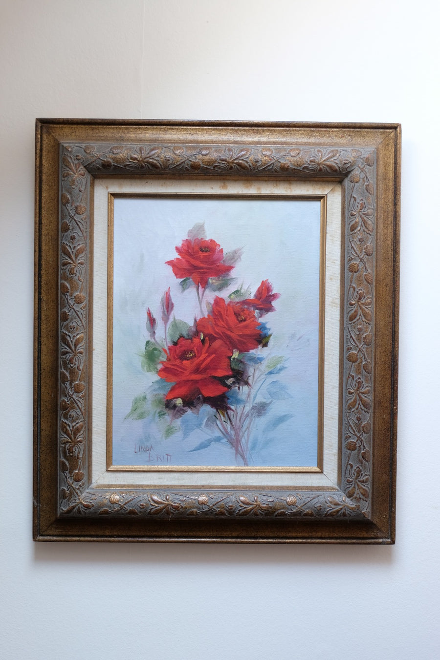 Still life of red roses oil on canvas signed Linda Britt