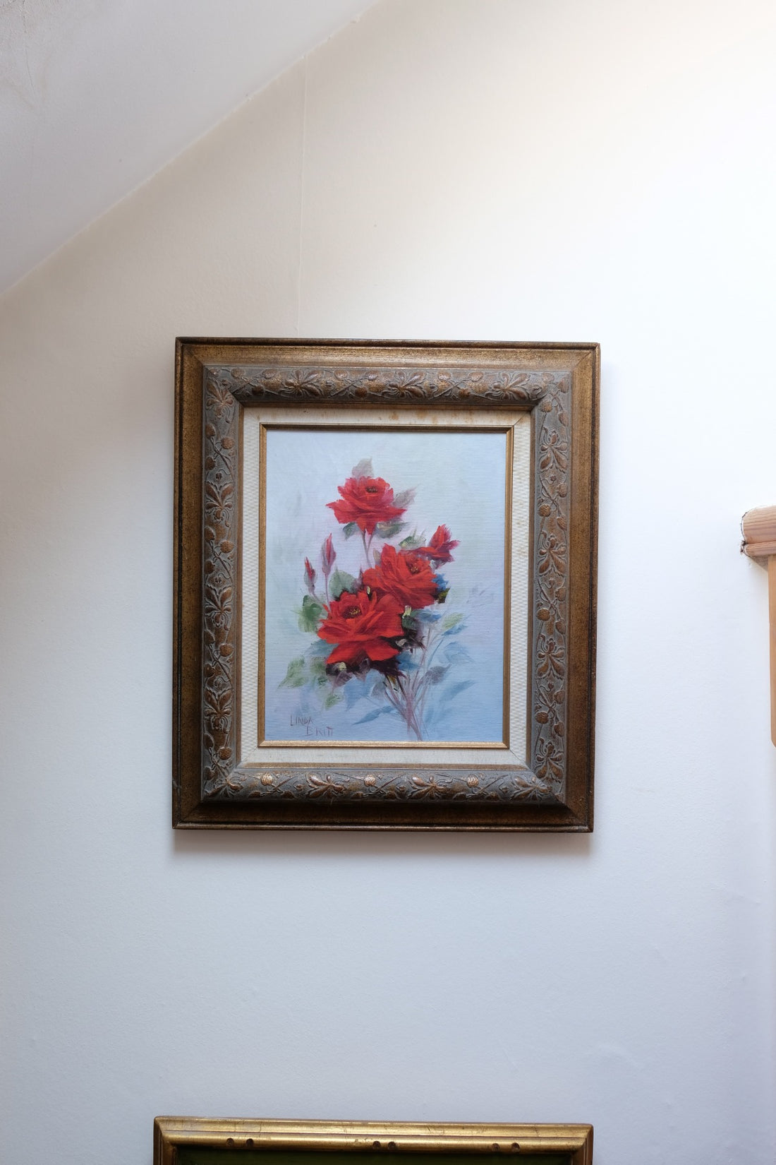 Still life of red roses oil on canvas signed Linda Britt