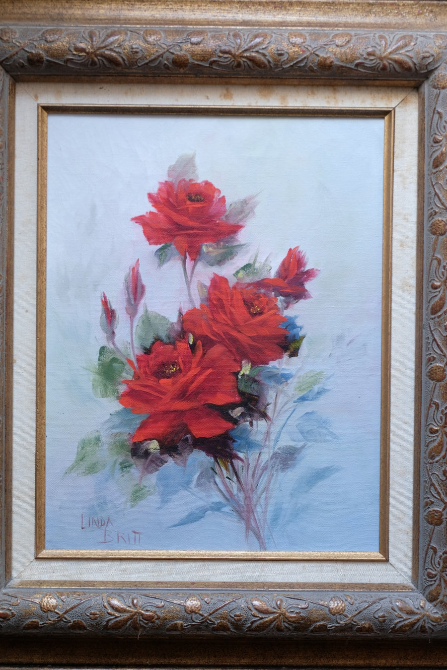 Still life of red roses oil on canvas signed Linda Britt
