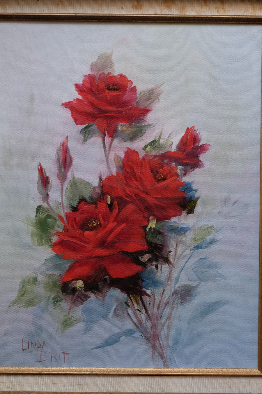 Still life of red roses oil on canvas signed Linda Britt