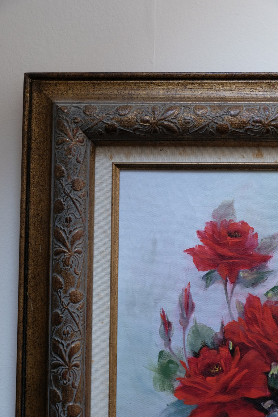 Still life of red roses oil on canvas signed Linda Britt