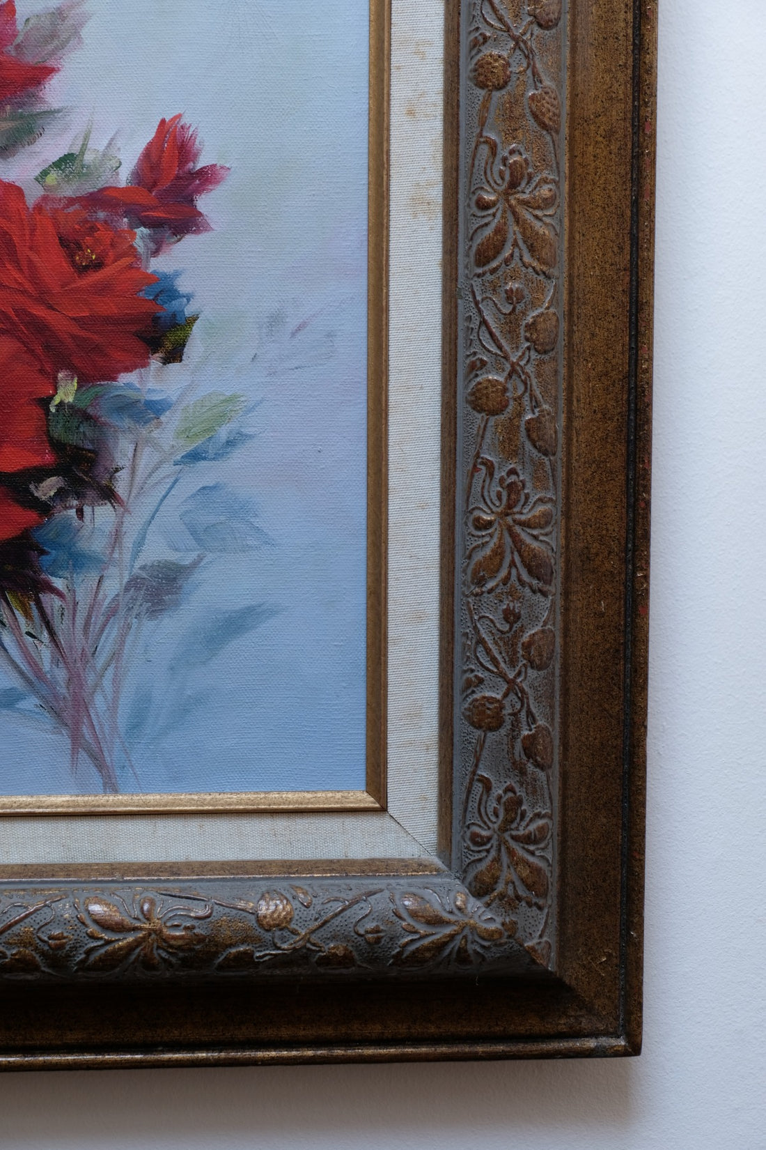 Still life of red roses oil on canvas signed Linda Britt