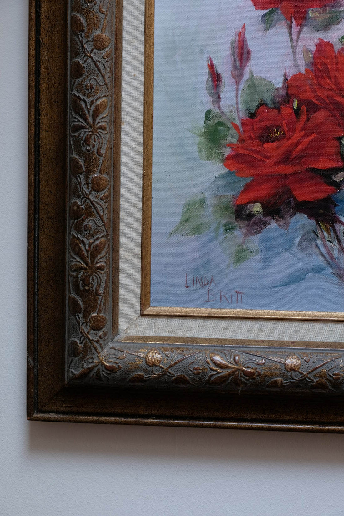 Still life of red roses oil on canvas signed Linda Britt