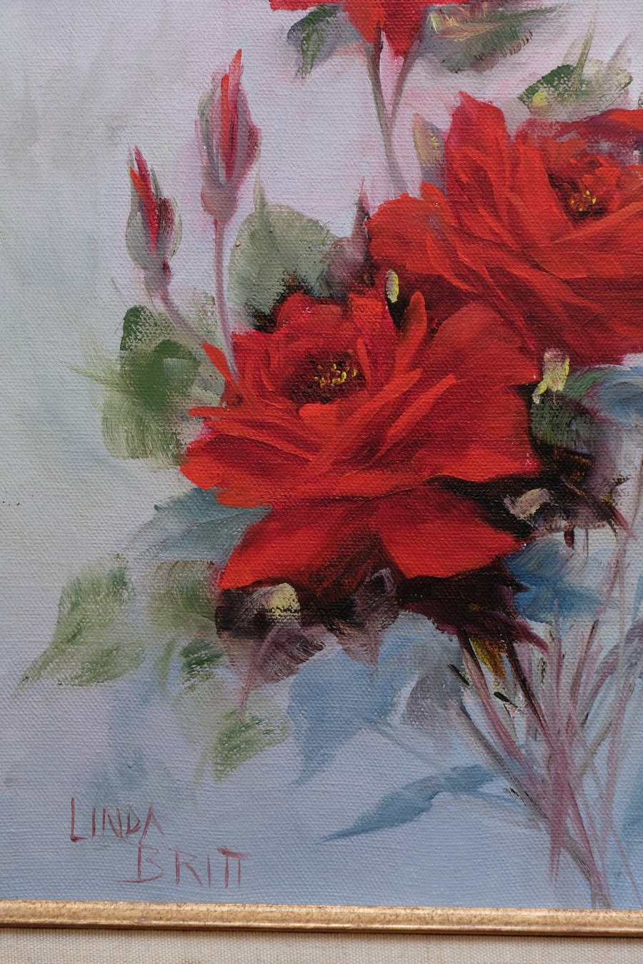 Still life of red roses oil on canvas signed Linda Britt