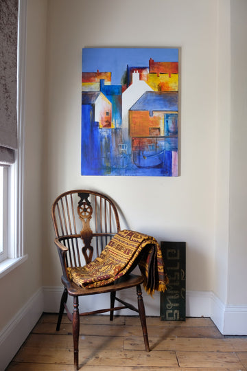 Fishing Boats In The Shadows - A colorful burnt orange & blue harbour scene