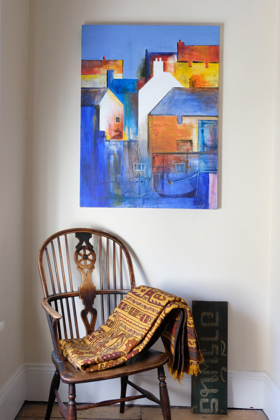 Fishing Boats In The Shadows - A colorful burnt orange & blue harbour scene