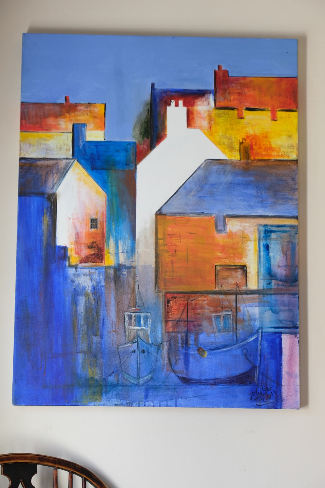 Fishing Boats In The Shadows - A colorful burnt orange & blue harbour scene