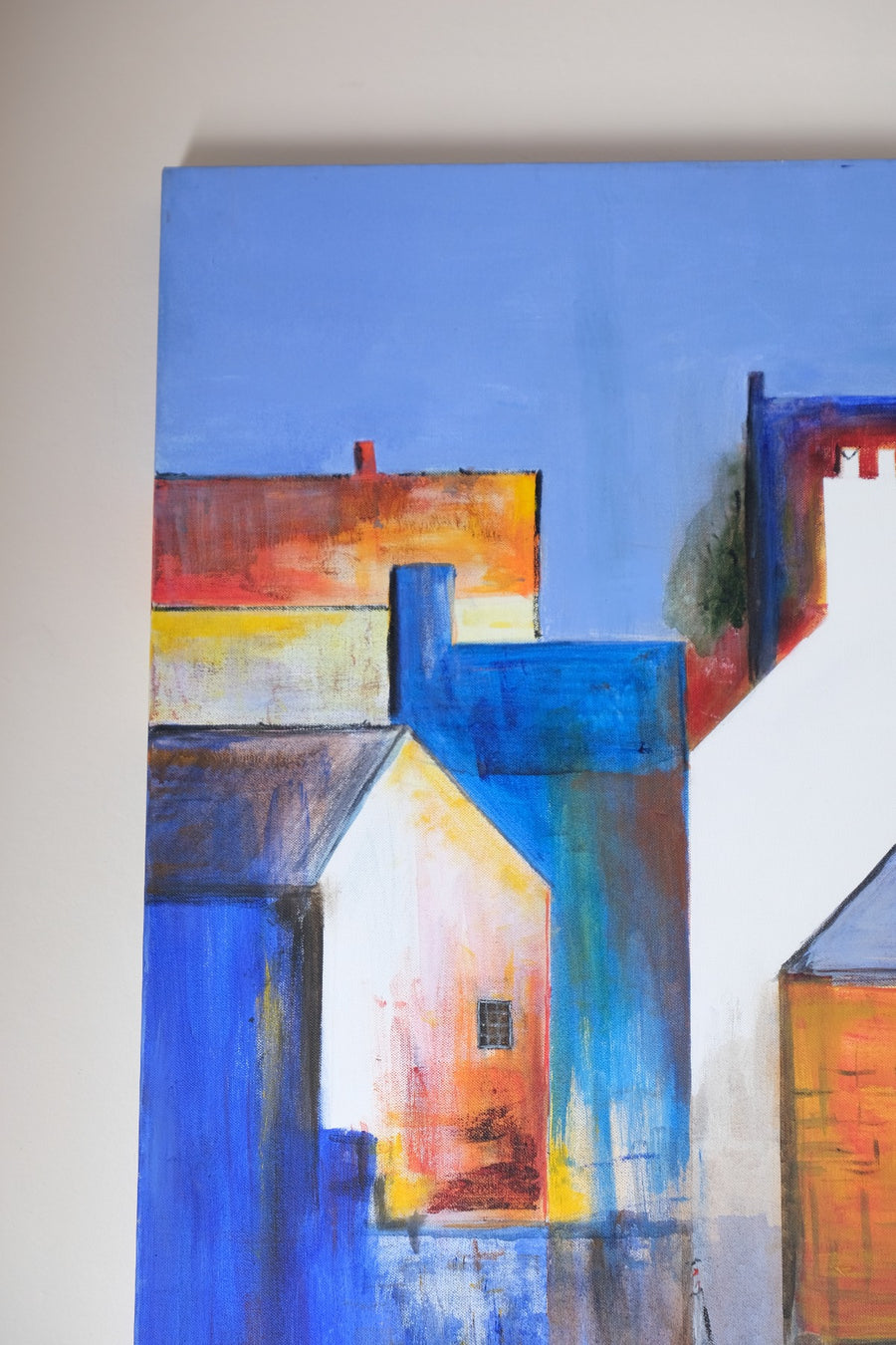 Fishing Boats In The Shadows - A colorful burnt orange & blue harbour scene