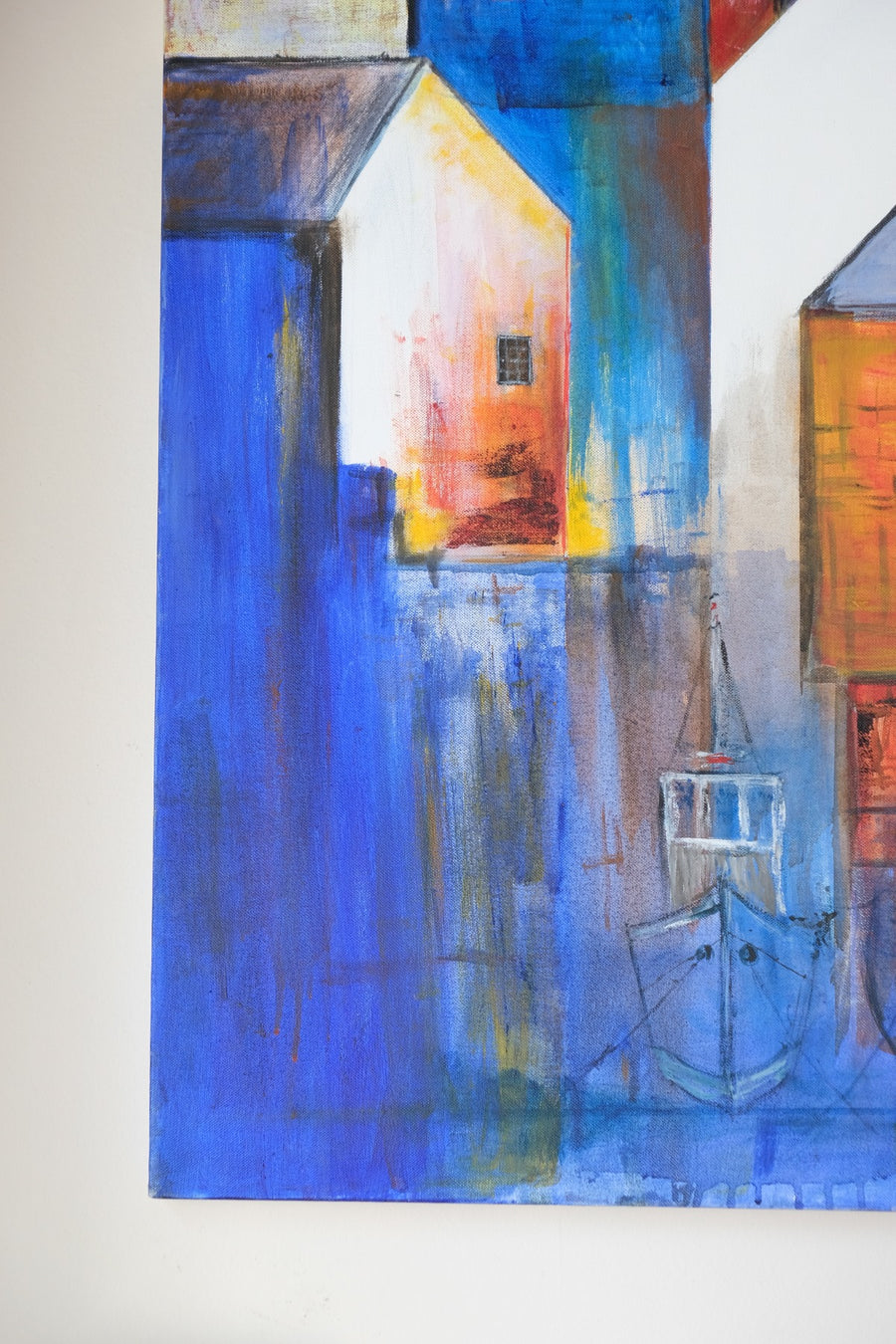 Fishing Boats In The Shadows - A colorful burnt orange & blue harbour scene
