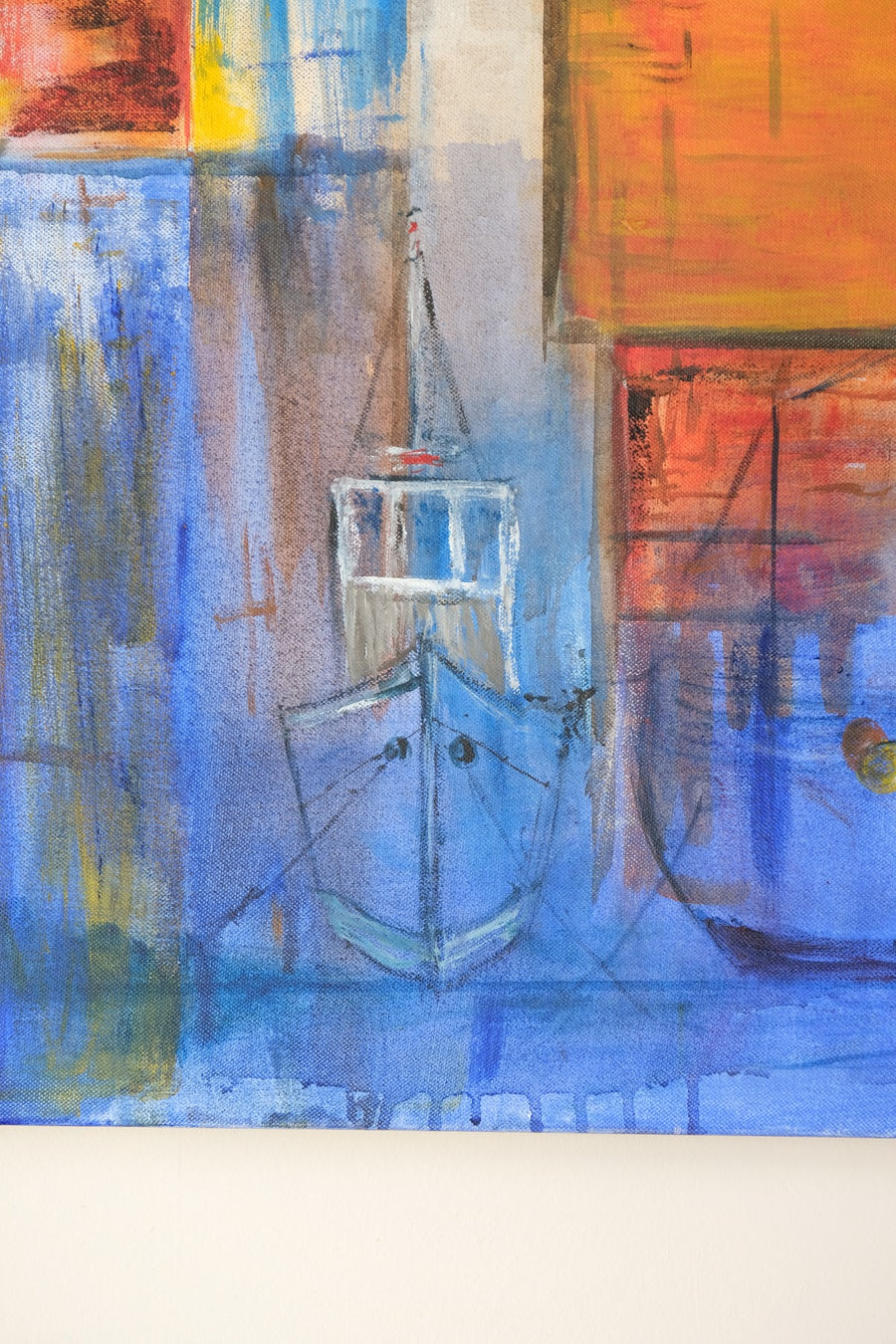 Fishing Boats In The Shadows - A colorful burnt orange & blue harbour scene