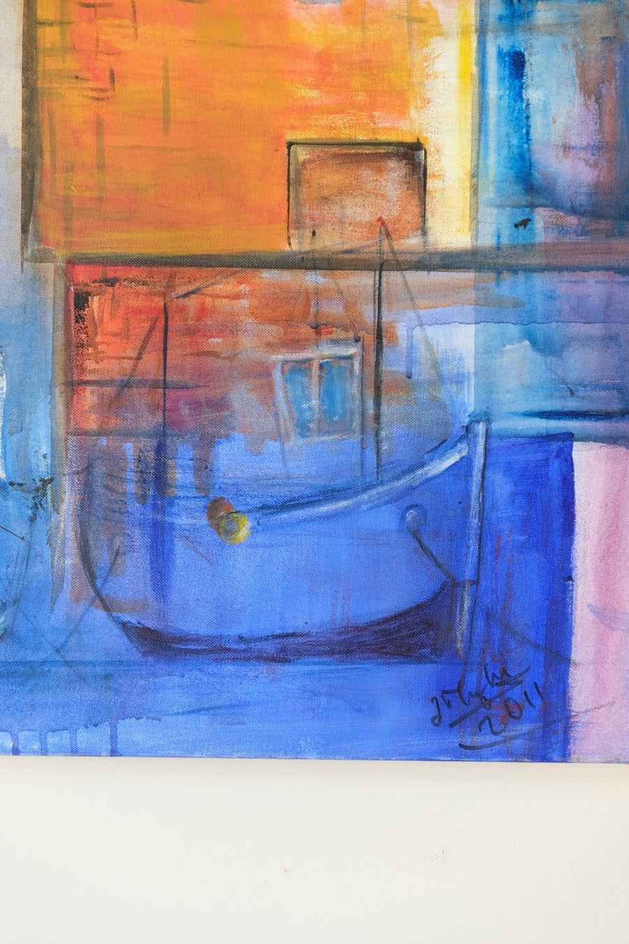 Fishing Boats In The Shadows - A colorful burnt orange & blue harbour scene