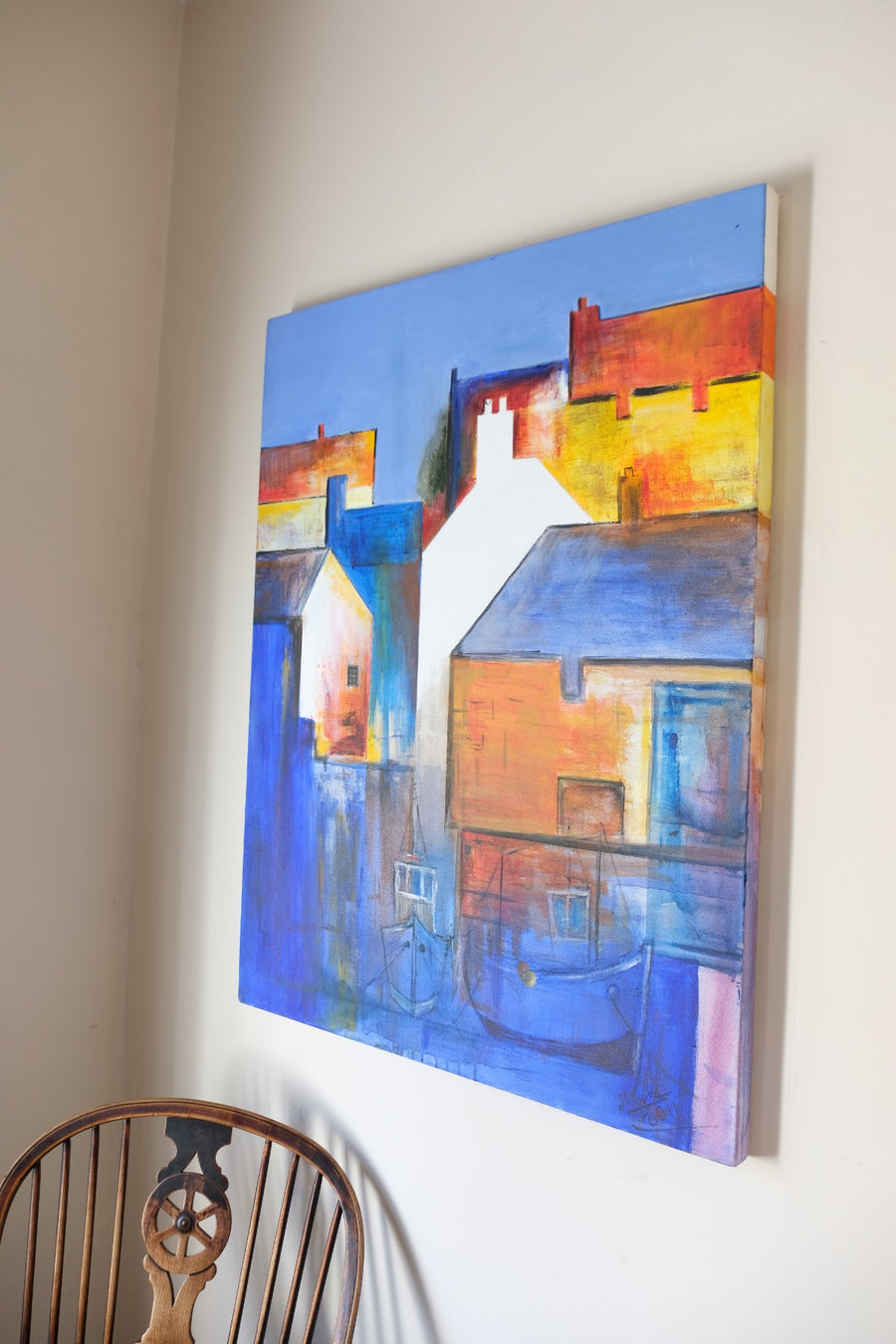 Fishing Boats In The Shadows - A colorful burnt orange & blue harbour scene