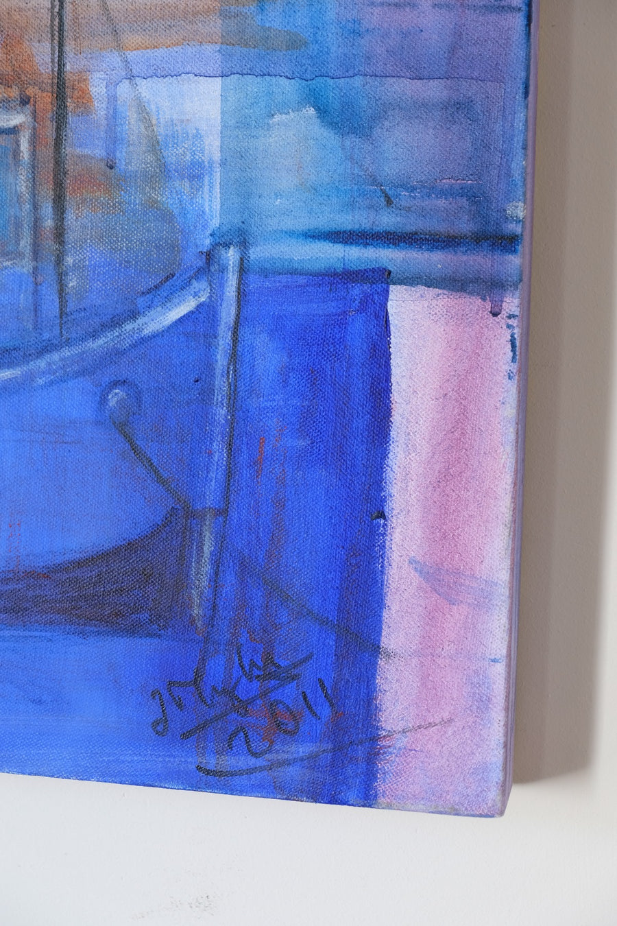 Fishing Boats In The Shadows - A colorful burnt orange & blue harbour scene