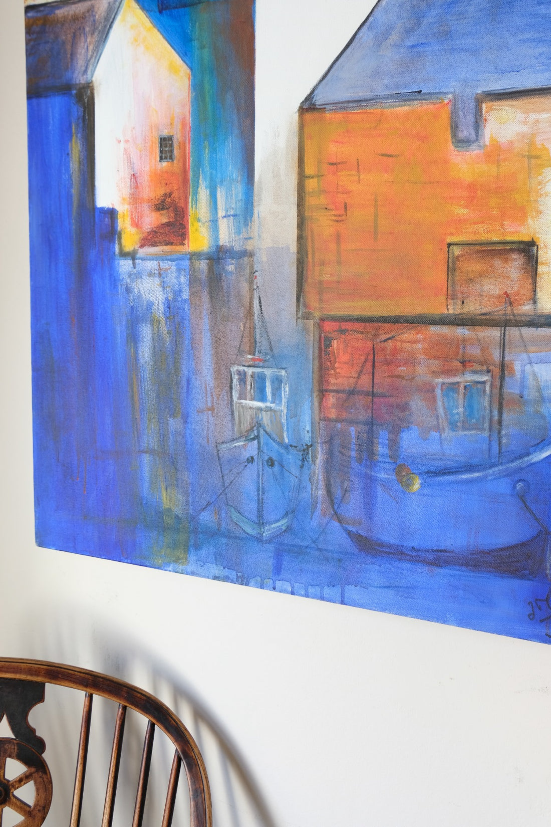 Fishing Boats In The Shadows - A colorful burnt orange & blue harbour scene