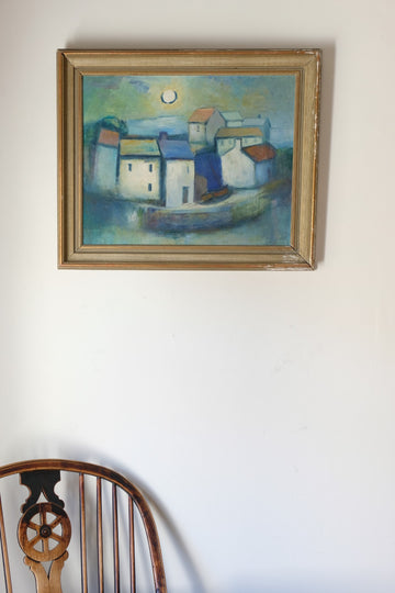 Colourful houses in the sea mist on the harbourside - oil on canvas