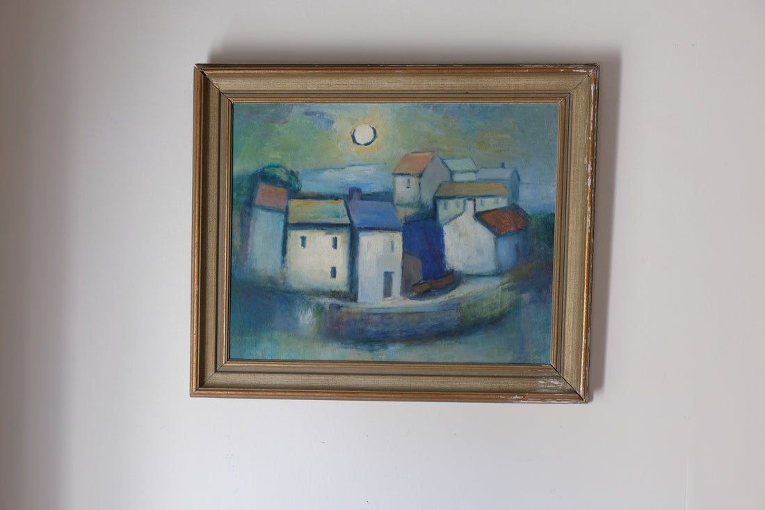 Colourful houses in the sea mist on the harbourside - oil on canvas