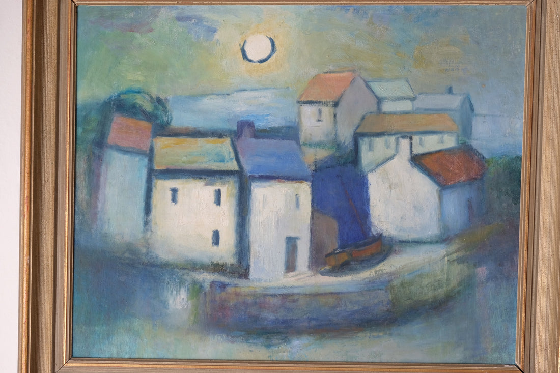 Colourful houses in the sea mist on the harbourside - oil on canvas