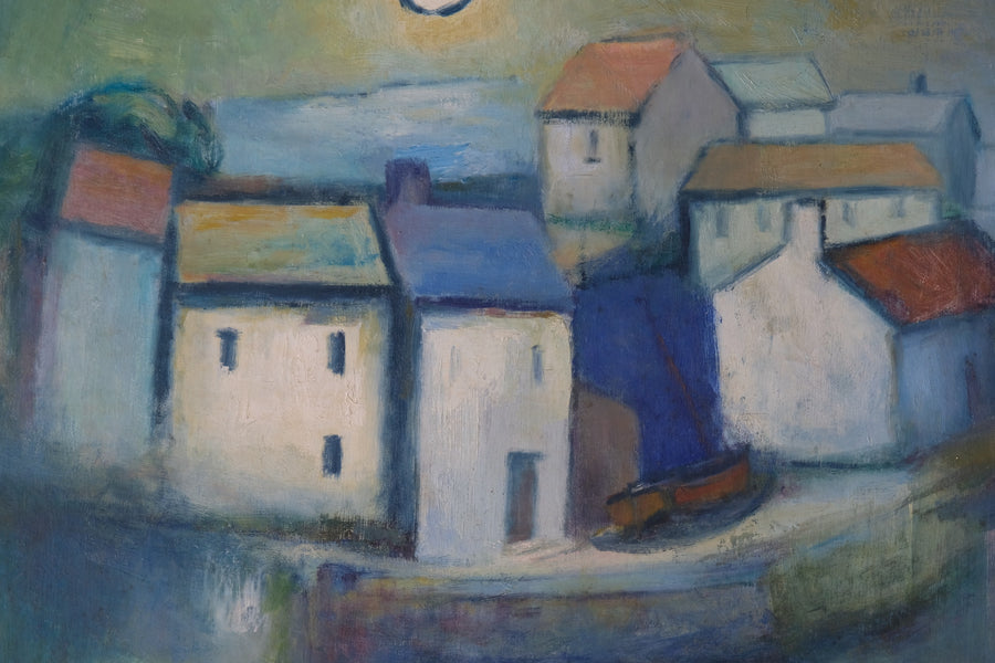 Colourful houses in the sea mist on the harbourside - oil on canvas