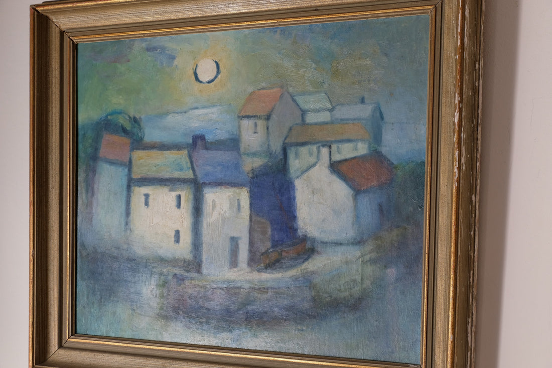 Colourful houses in the sea mist on the harbourside - oil on canvas