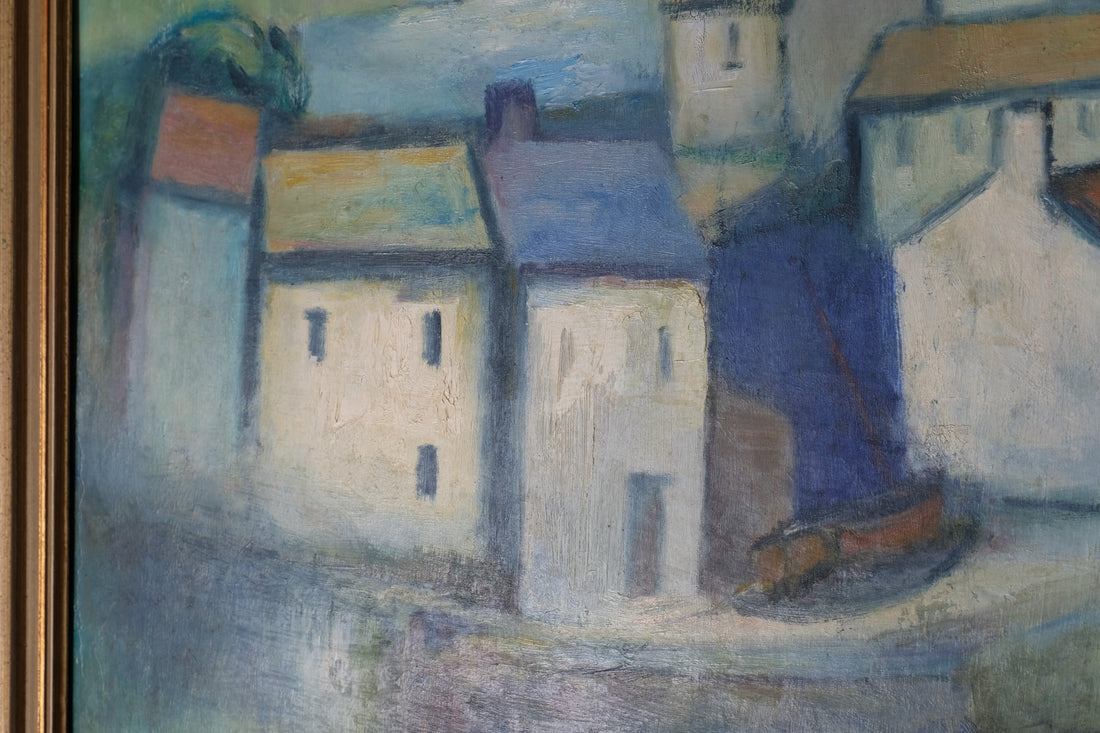 Colourful houses in the sea mist on the harbourside - oil on canvas