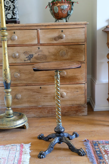 Antique brass telescopic wine table with twisted column and lions paw feet