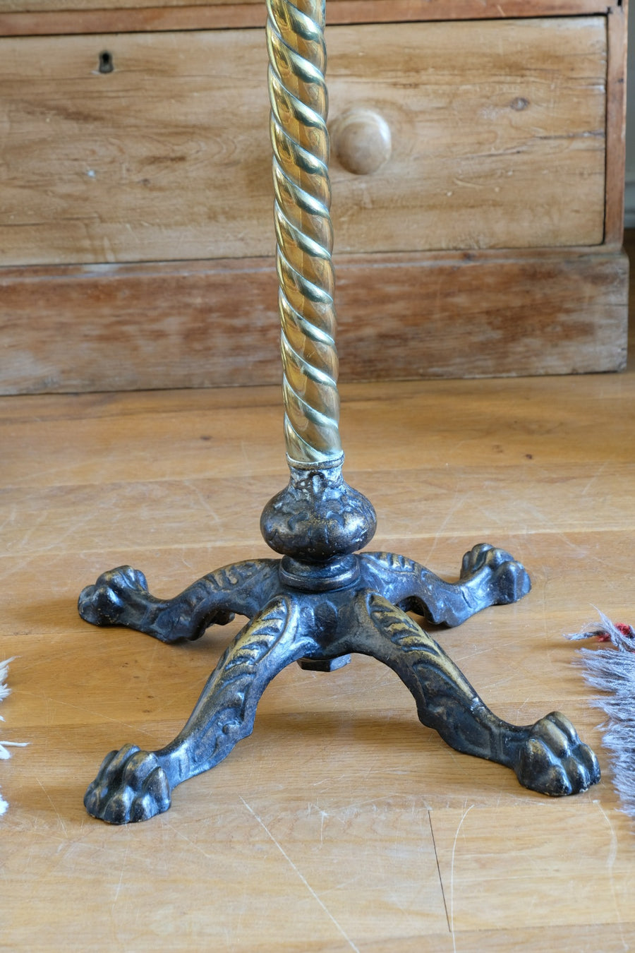 Antique brass telescopic wine table with twisted column and lions paw feet