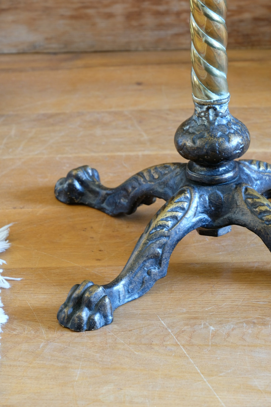 Antique brass telescopic wine table with twisted column and lions paw feet