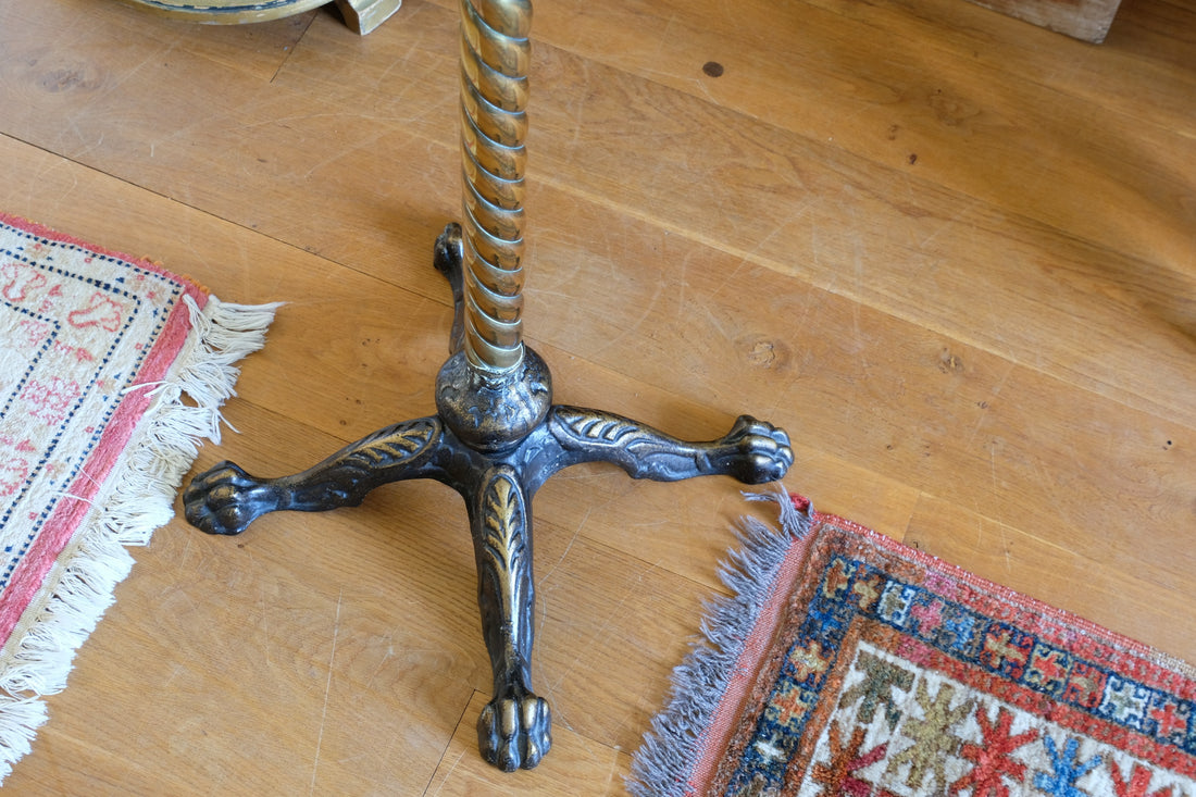 Antique brass telescopic wine table with twisted column and lions paw feet