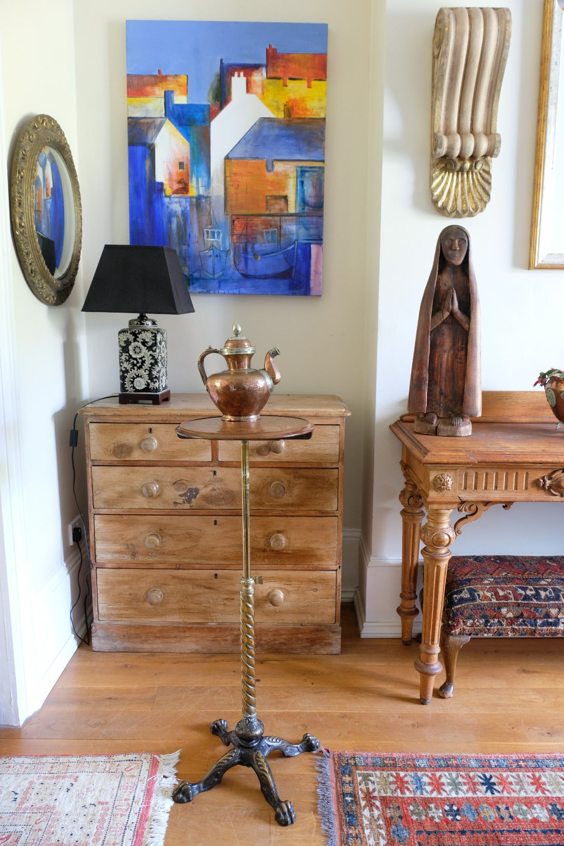 Antique brass telescopic wine table with twisted column and lions paw feet