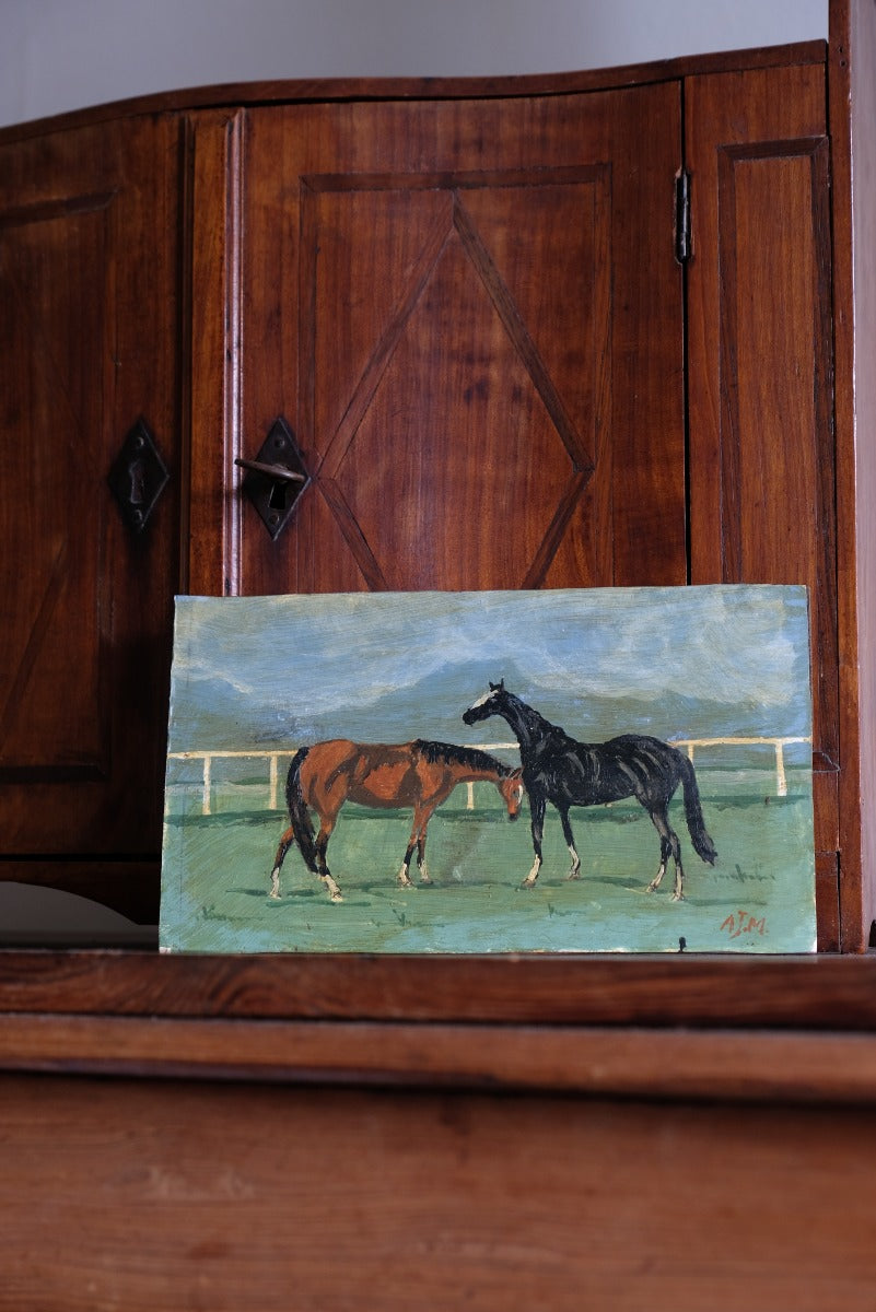 Early 1900's Naïve Oil Painting of Two Horses