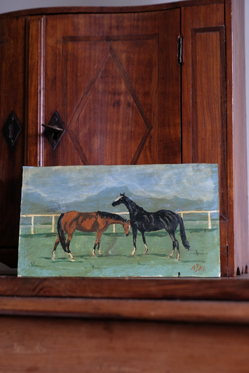 Early 1900's Naïve Oil Painting of Two Horses