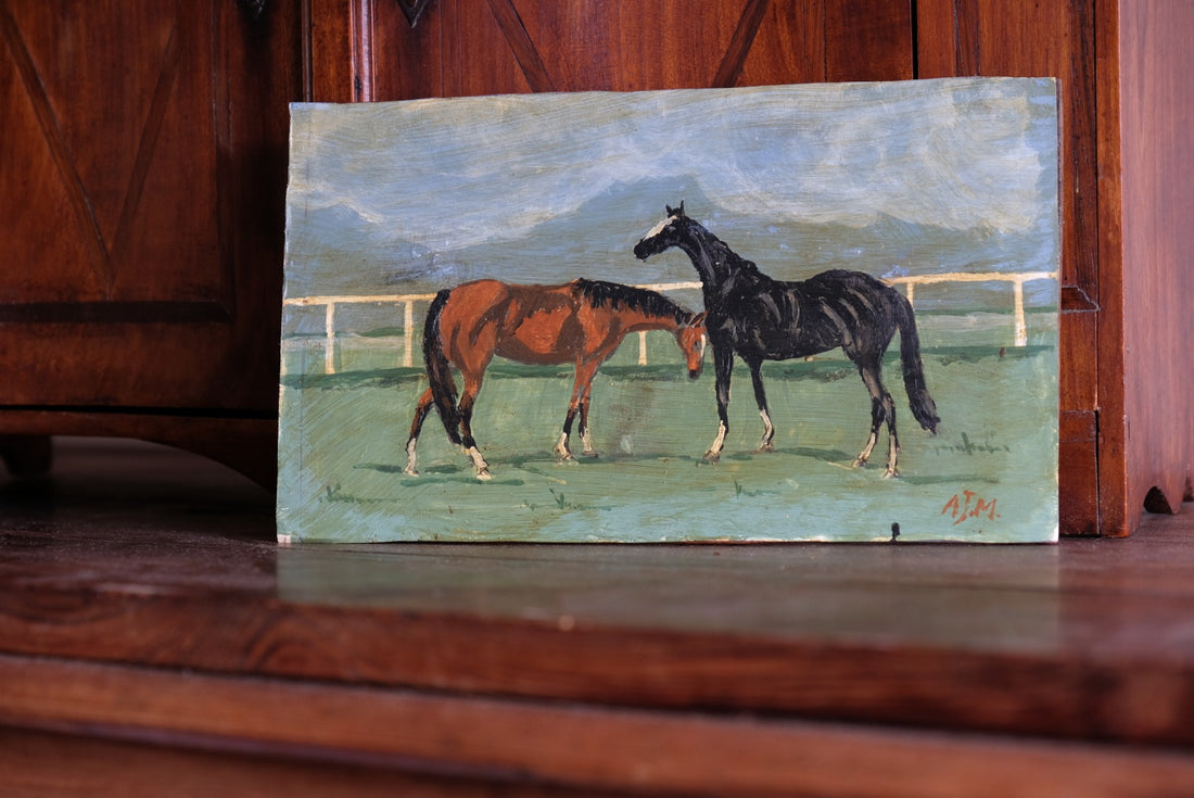 Early 1900's Naïve Oil Painting of Two Horses