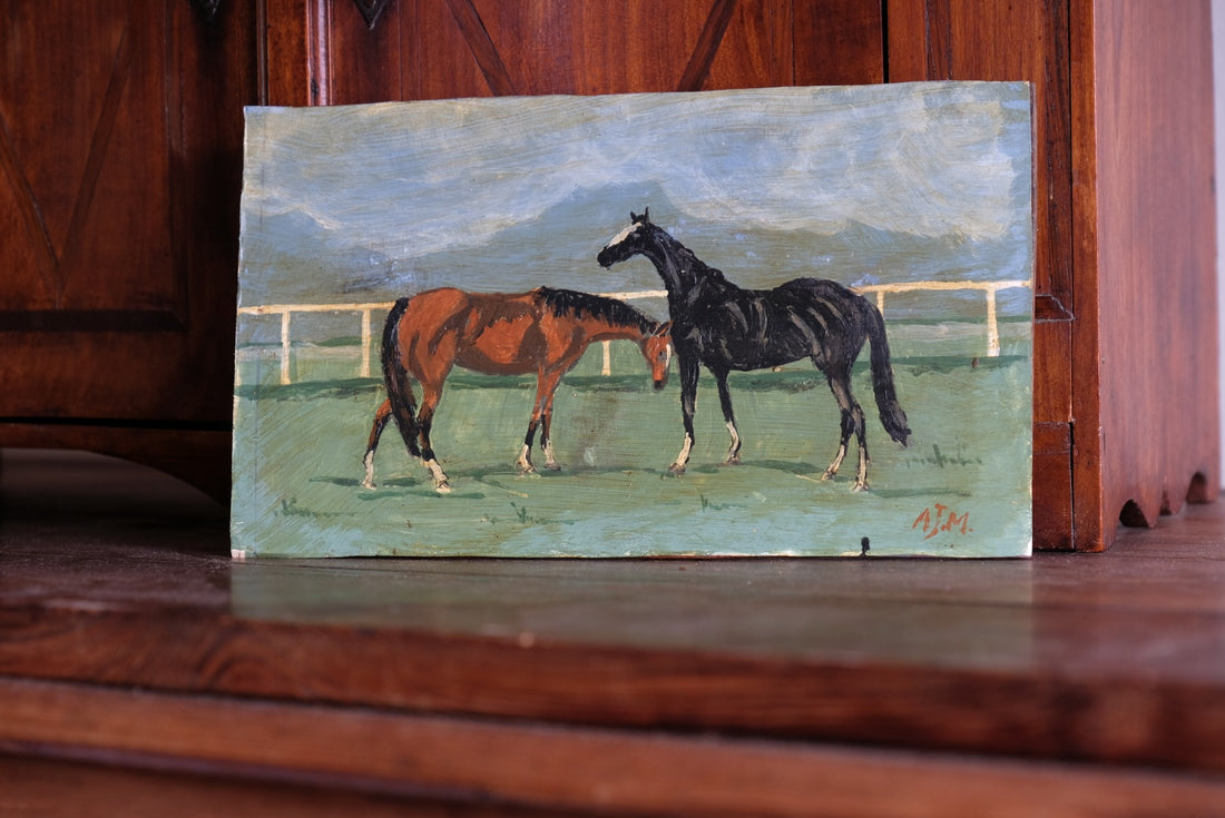 Early 1900's Naïve Oil Painting of Two Horses