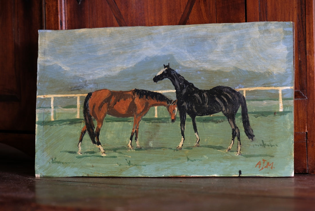 Early 1900's Naïve Oil Painting of Two Horses