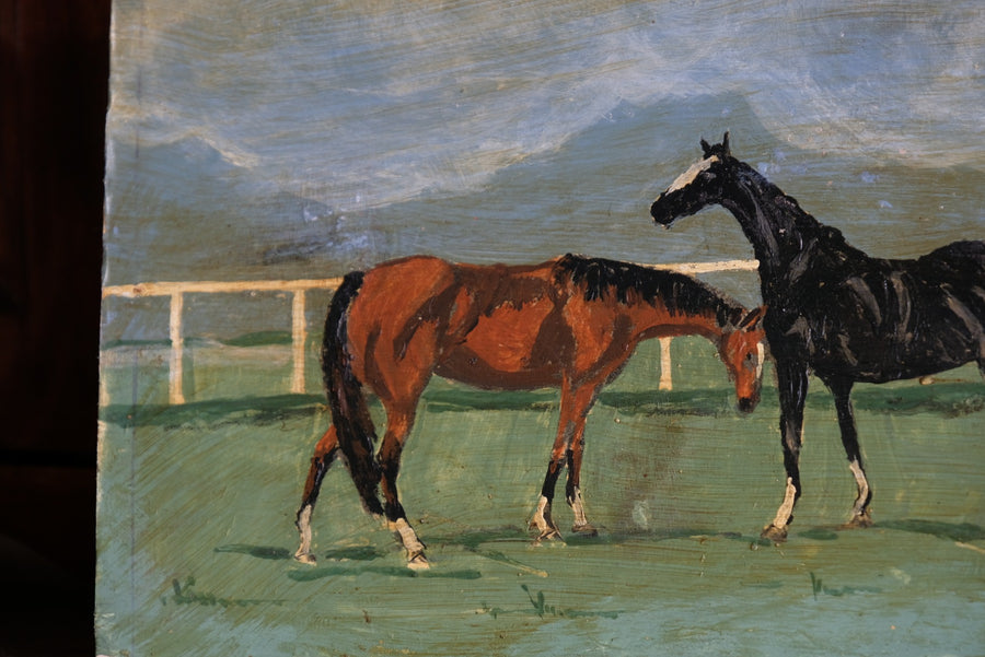 Early 1900's Naïve Oil Painting of Two Horses