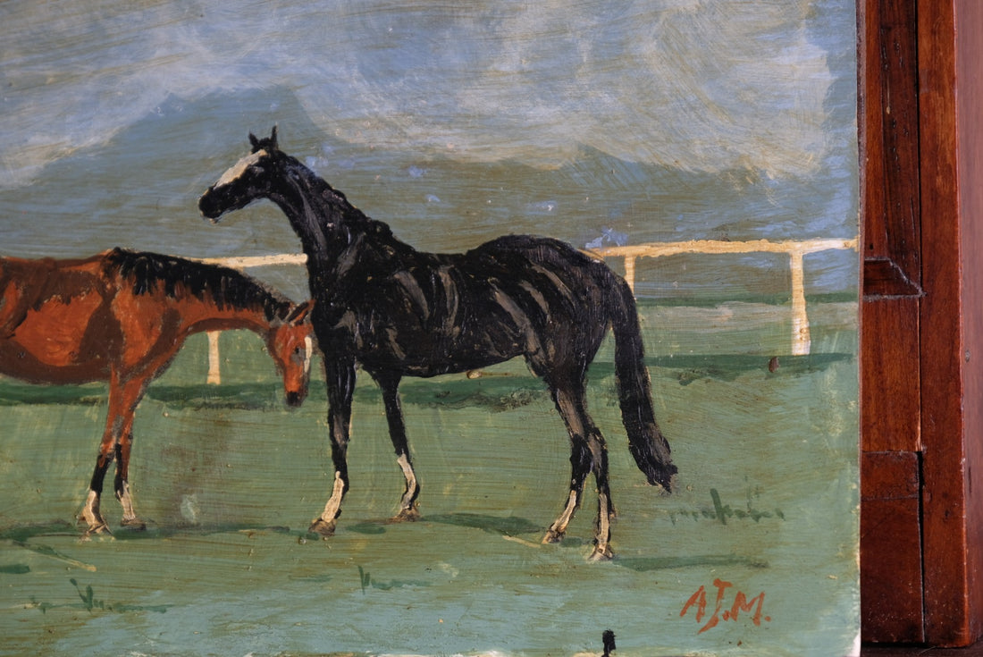 Early 1900's Naïve Oil Painting of Two Horses