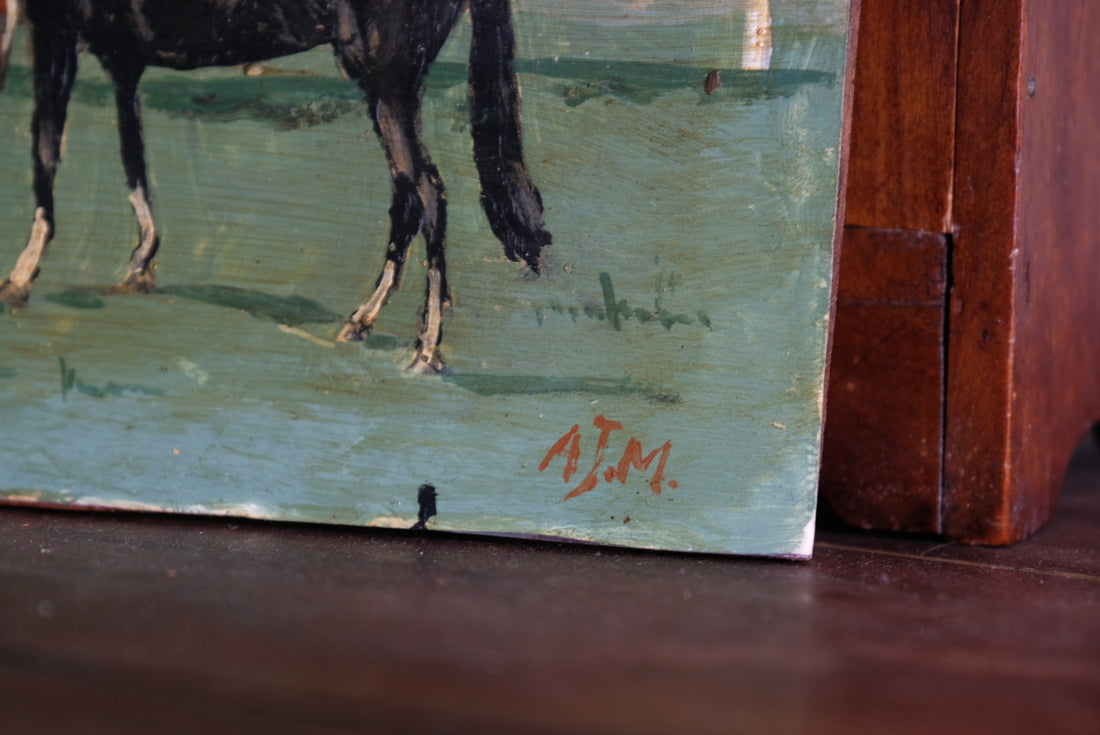 Early 1900's Naïve Oil Painting of Two Horses