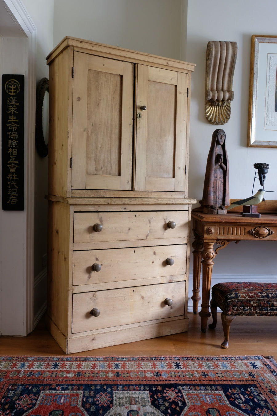 Antique pine linen press with 3 graduated drawers circa 1890