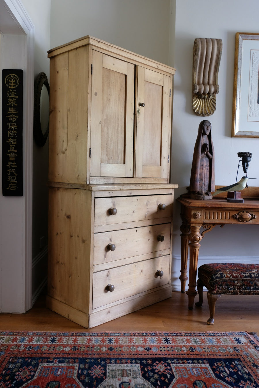 Antique pine linen press with 3 graduated drawers circa 1890