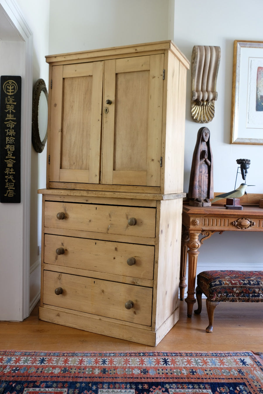 Antique pine linen press with 3 graduated drawers circa 1890