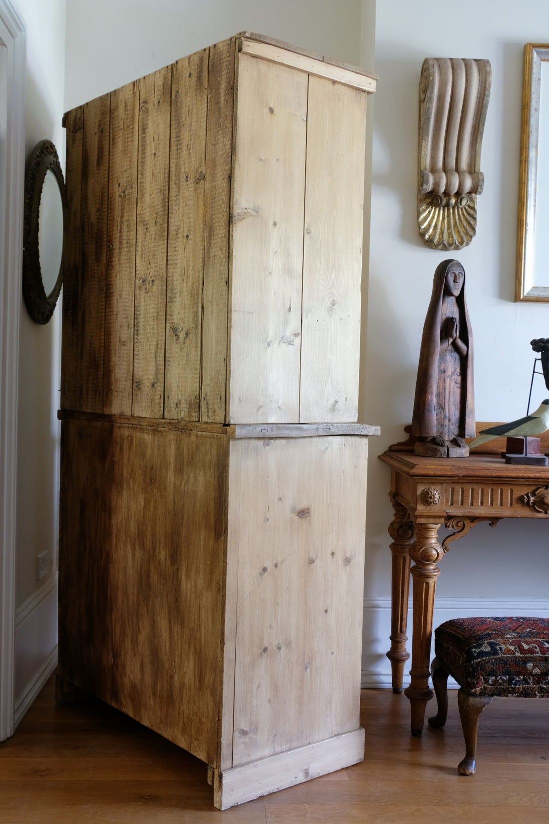 Antique pine linen press with 3 graduated drawers circa 1890