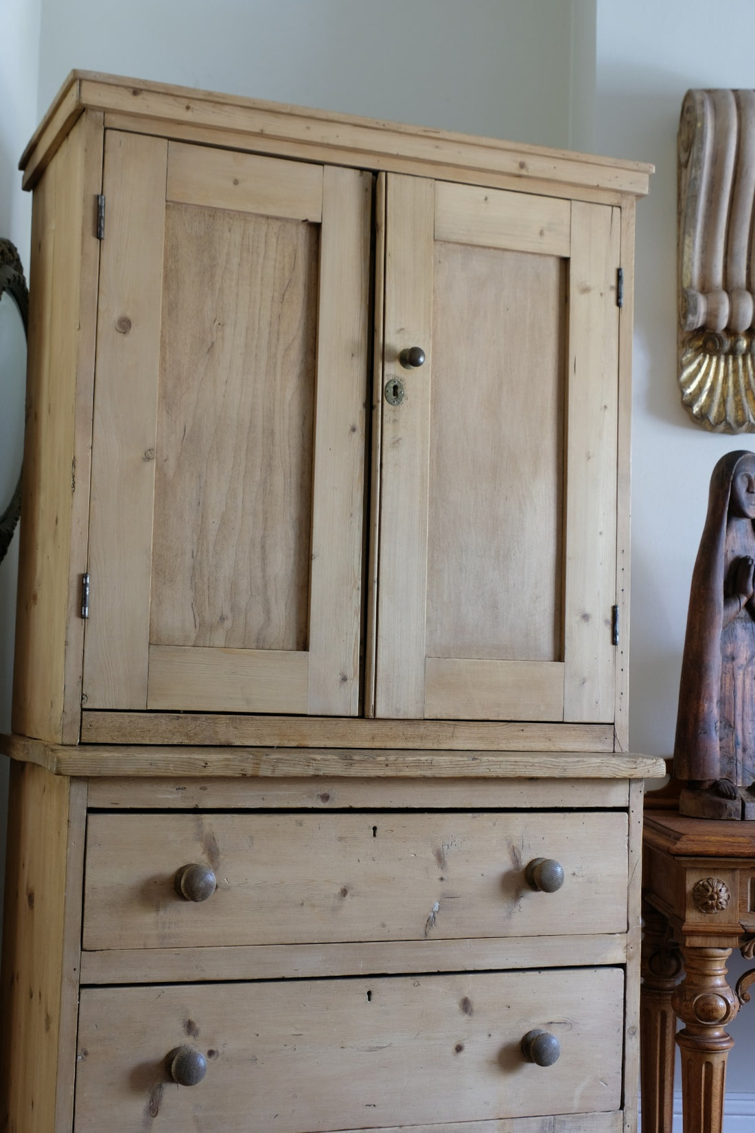 Antique pine linen press with 3 graduated drawers circa 1890