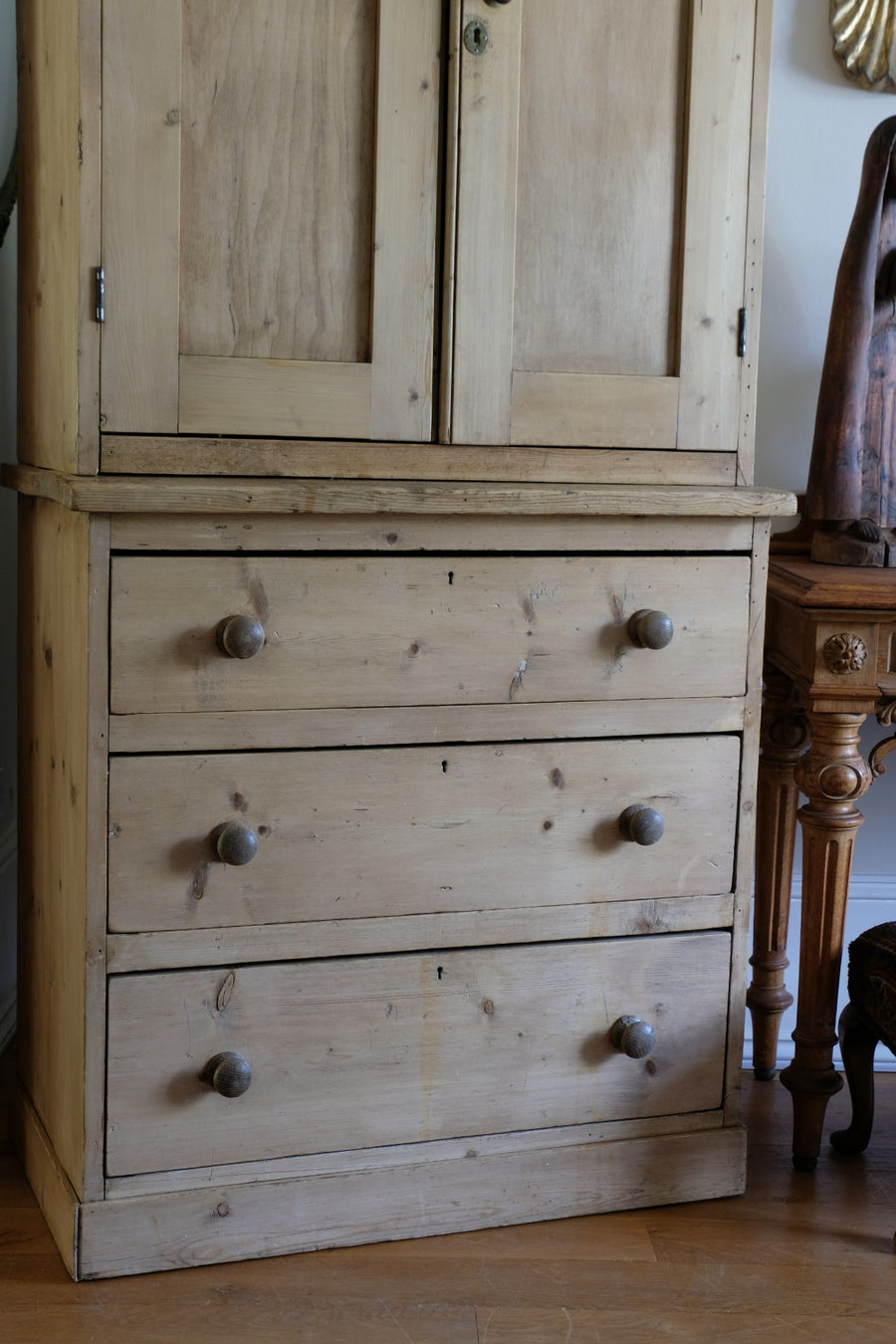 Antique pine linen press with 3 graduated drawers circa 1890