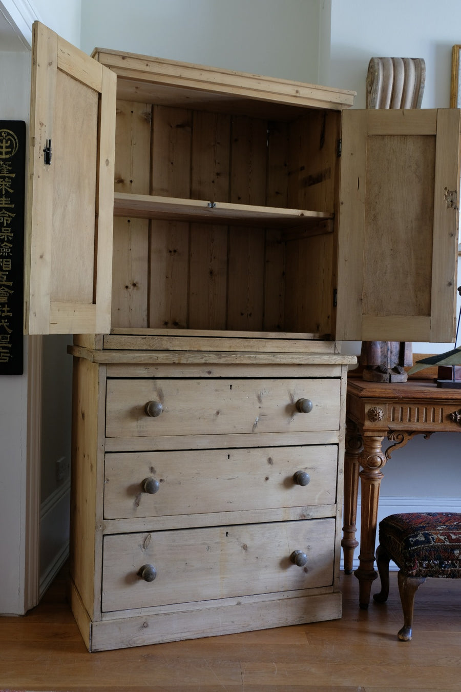 Antique pine linen press with 3 graduated drawers circa 1890