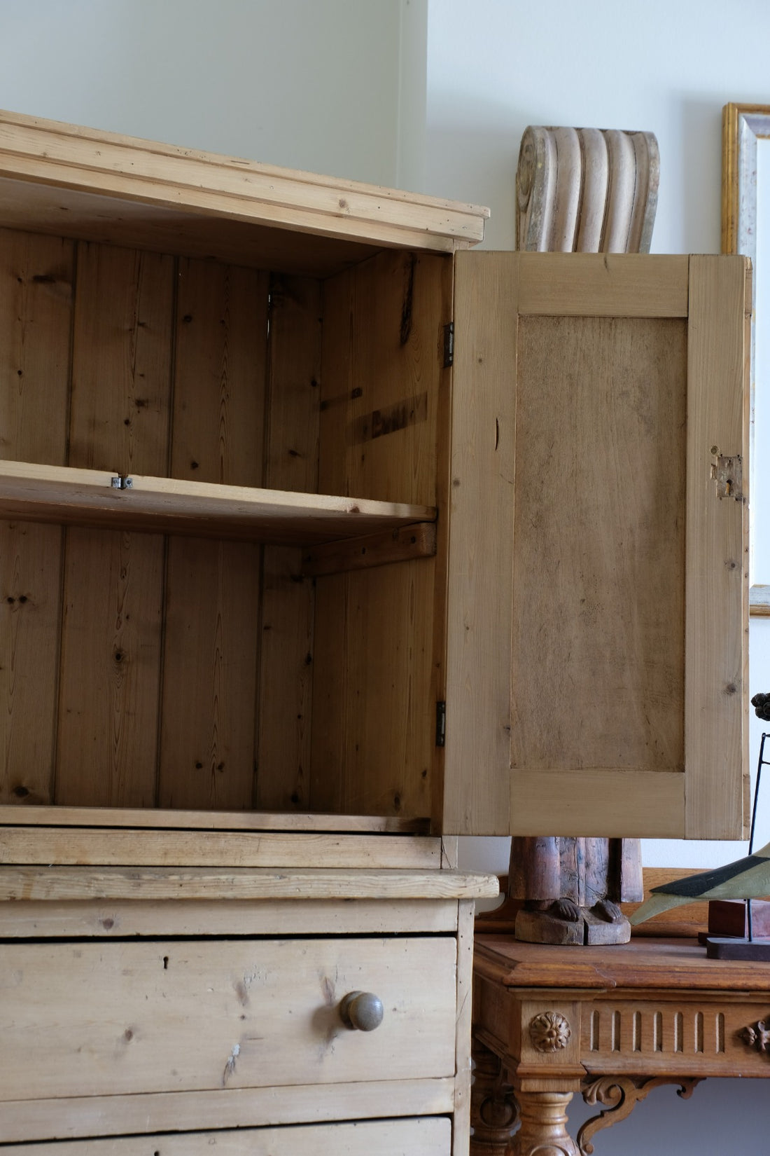 Antique pine linen press with 3 graduated drawers circa 1890