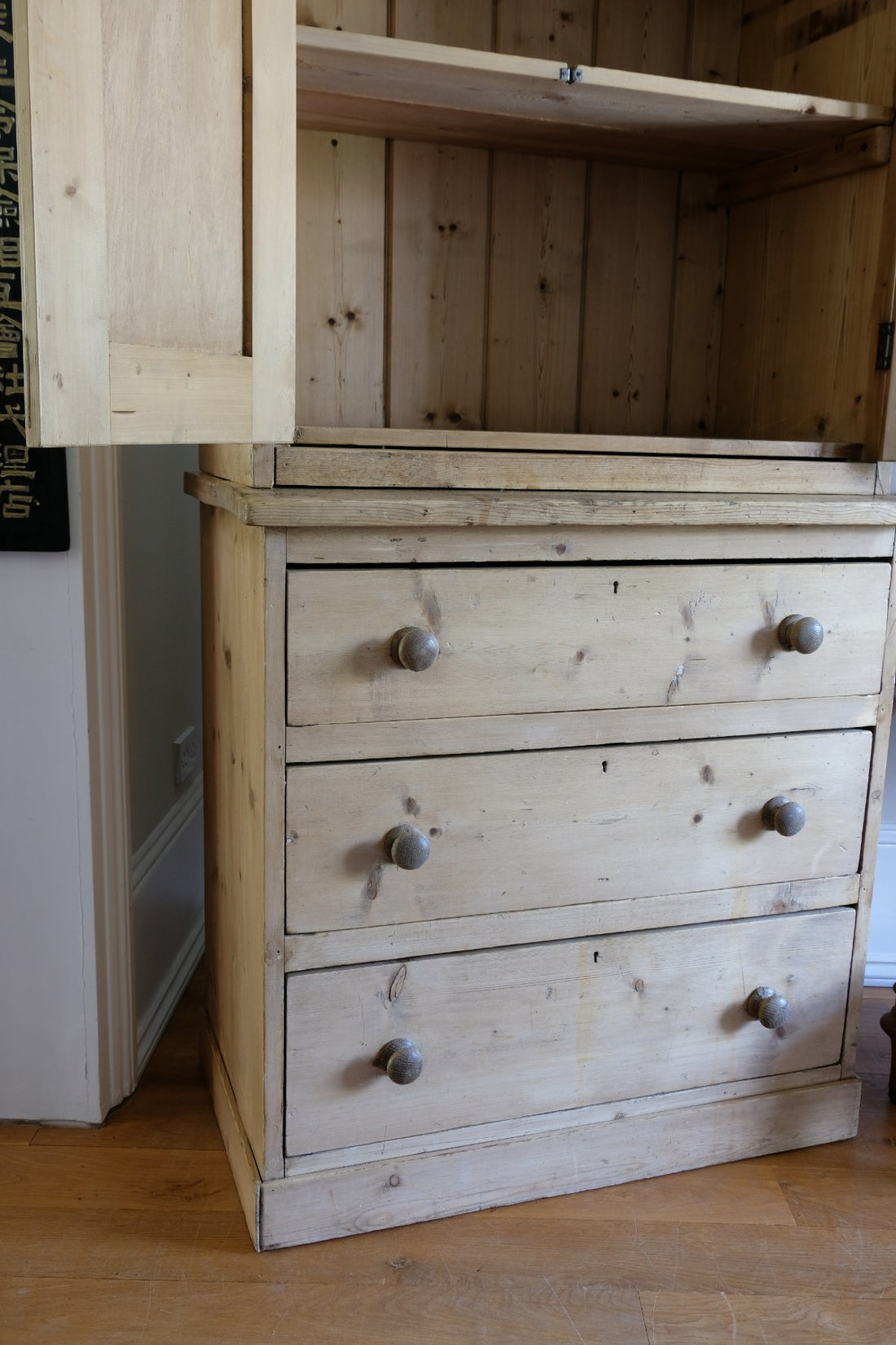 Antique pine linen press with 3 graduated drawers circa 1890