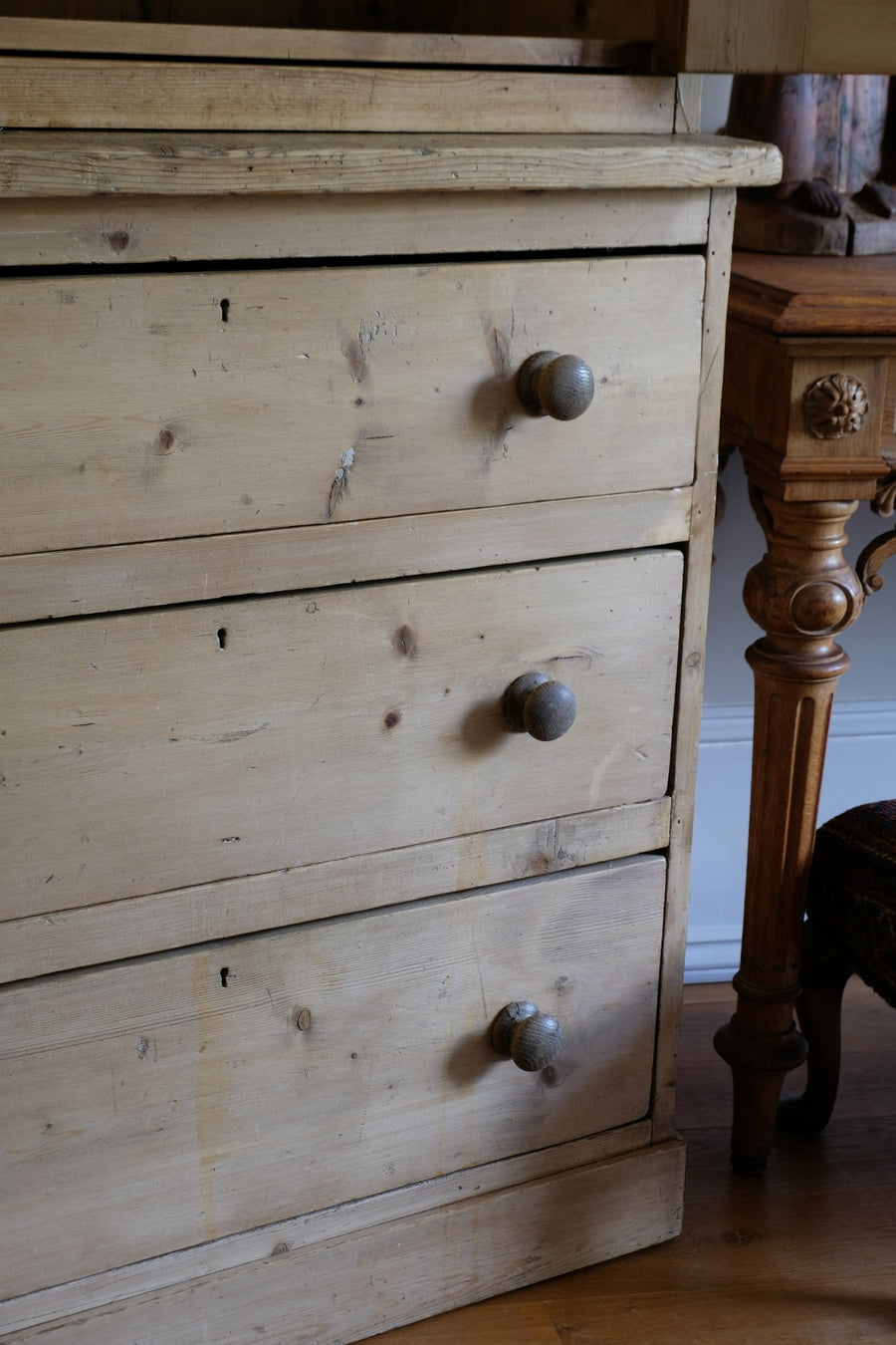 Antique pine linen press with 3 graduated drawers circa 1890