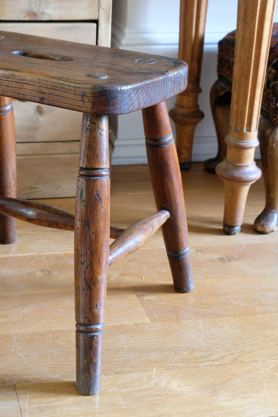 Elm & Ash farmhouse stool with hand hole - circa 1860