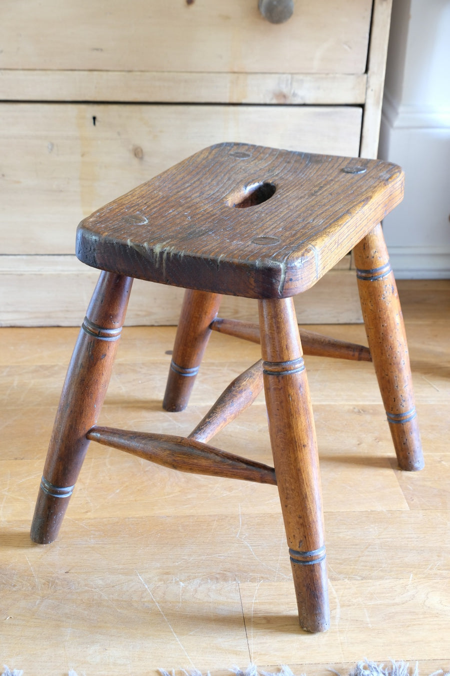 Elm & Ash farmhouse stool with hand hole - circa 1860