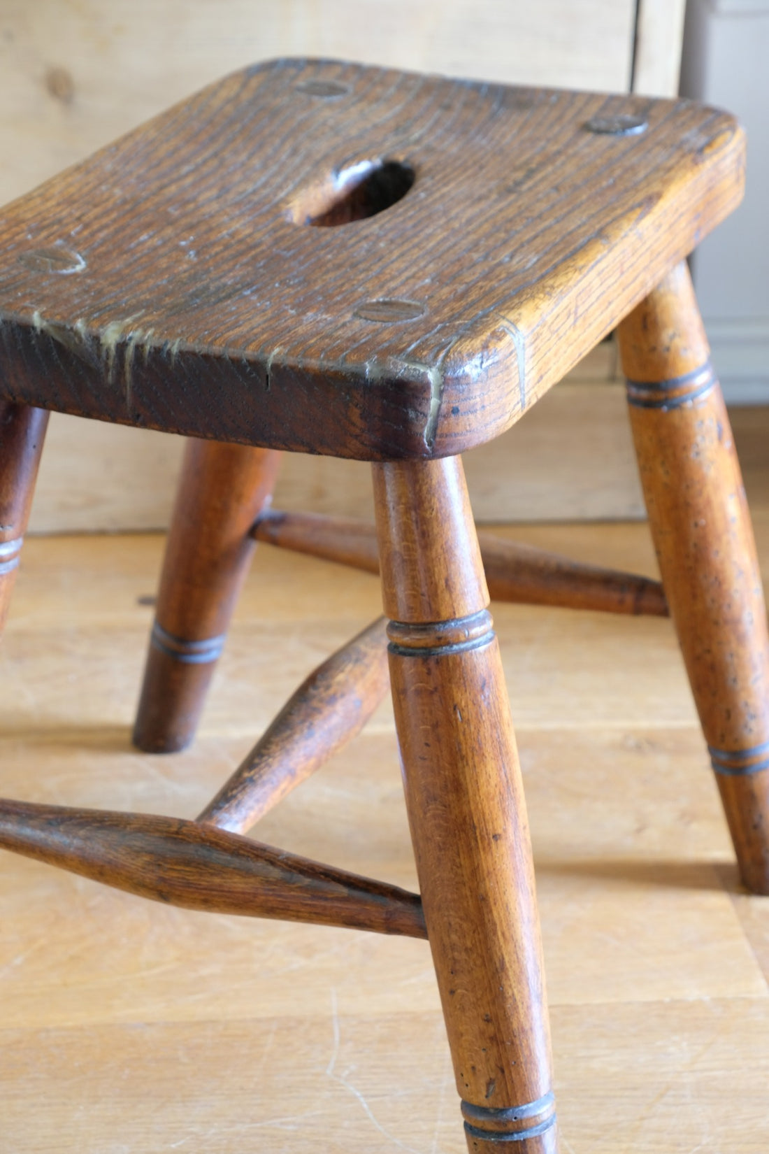 Elm & Ash farmhouse stool with hand hole - circa 1860